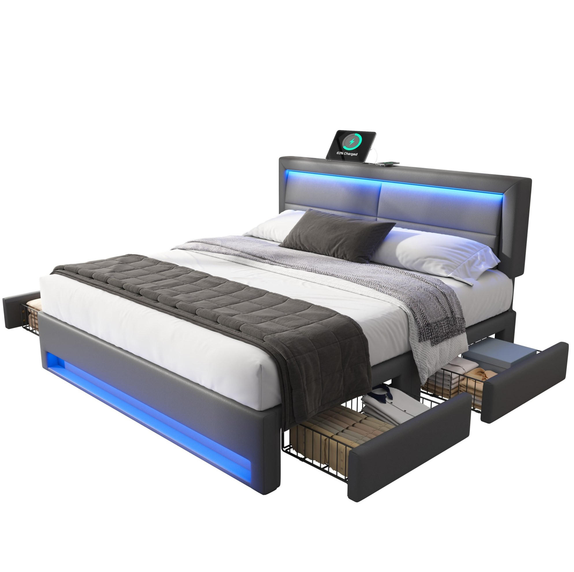 OKWISH ČALOUNĚNÁ postel 140/200 cm šedá z PU s LED osvětlením USB nabíjením a 4 zásuvkami