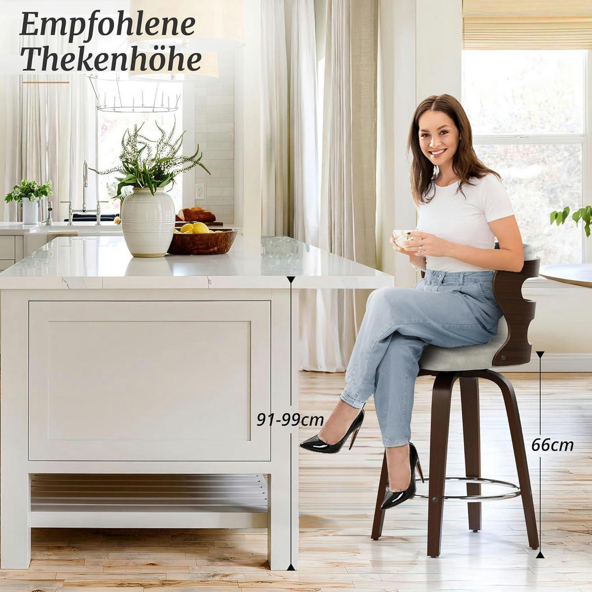 BARHOCKER 2er Set mit Lehne und Armlehnen 66 cm Hoch Holz Kunstleder Beige+Dark Walnut - Beige, Holz (54/94/94cm)