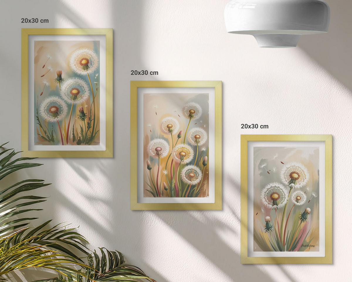 WANDBILDER 3er Set - 20x30 cm Goldrahmen - Löwenzahnblüten, pastellfarbene Gräser - Goldfarben, Kunststoff (20/30cm) - ArtPrintCave