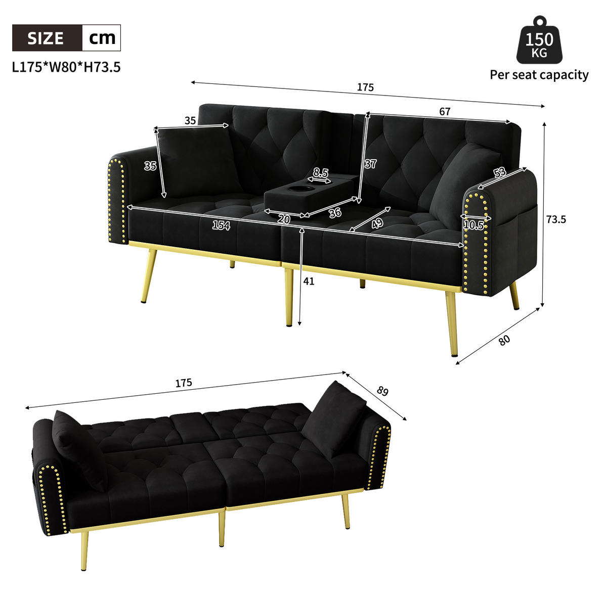 SCHLAFSOFA mit Liegefunktion 175 x 80 cm Samt Schwarz - Schwarz, Kunststoff (175/73.5/80cm) - Meubliv