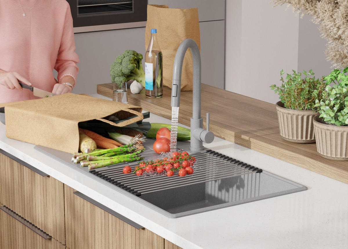 SPÜLBECKEN Kopenhagen, 2-er set Grau 90/50 cm 1 Becken + Ablauf-Set + Schneidebrett ab 60er Unterschrank - Beige/Grau, Kunststoff (90/20/50cm) - Primagran