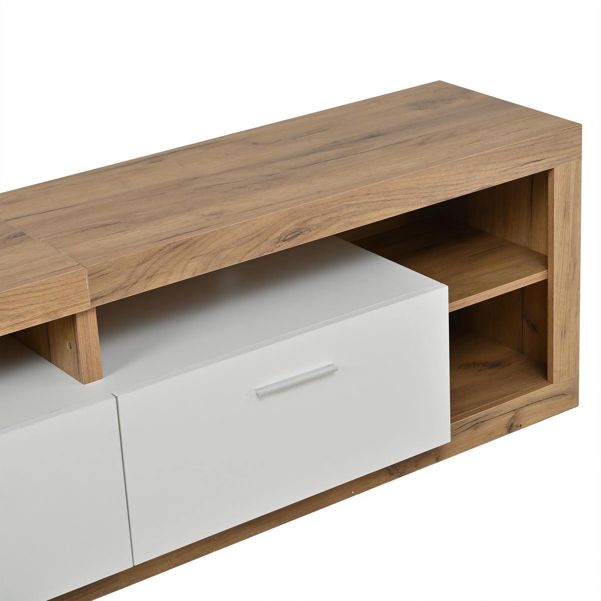 LOWBOARD Natur/Weiß 180/35,5/50 cm, LED-Beleuchtung, 2 Schubladen, 4 offene Fächer - Naturfarben, Holzwerkstoff (180/50/35.5cm) - PANGIVO