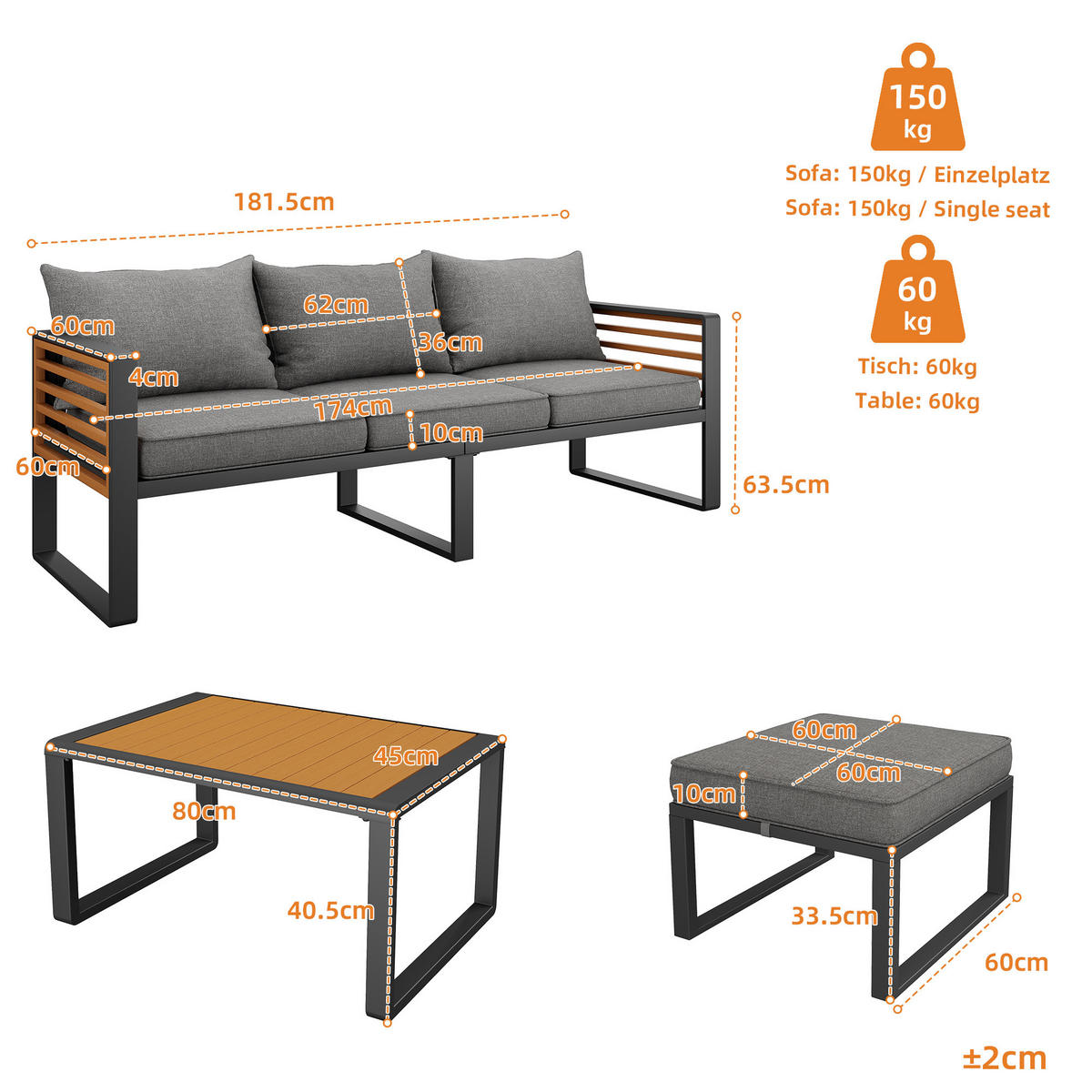 GARTEN-SOFA 10-Sitzer Grau - Grau, Metall - ComfortXL