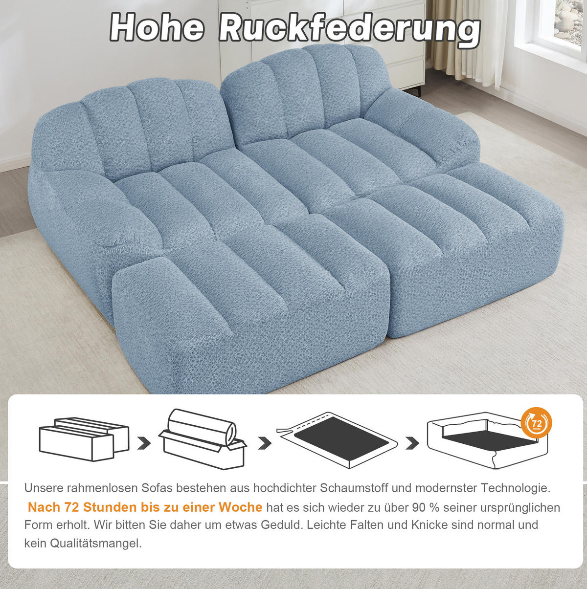 SOFA 210/165/79 cm in Blau aus Fleece mit Ottoman - Blau, Textil (165/79/210cm) - Flora Grace