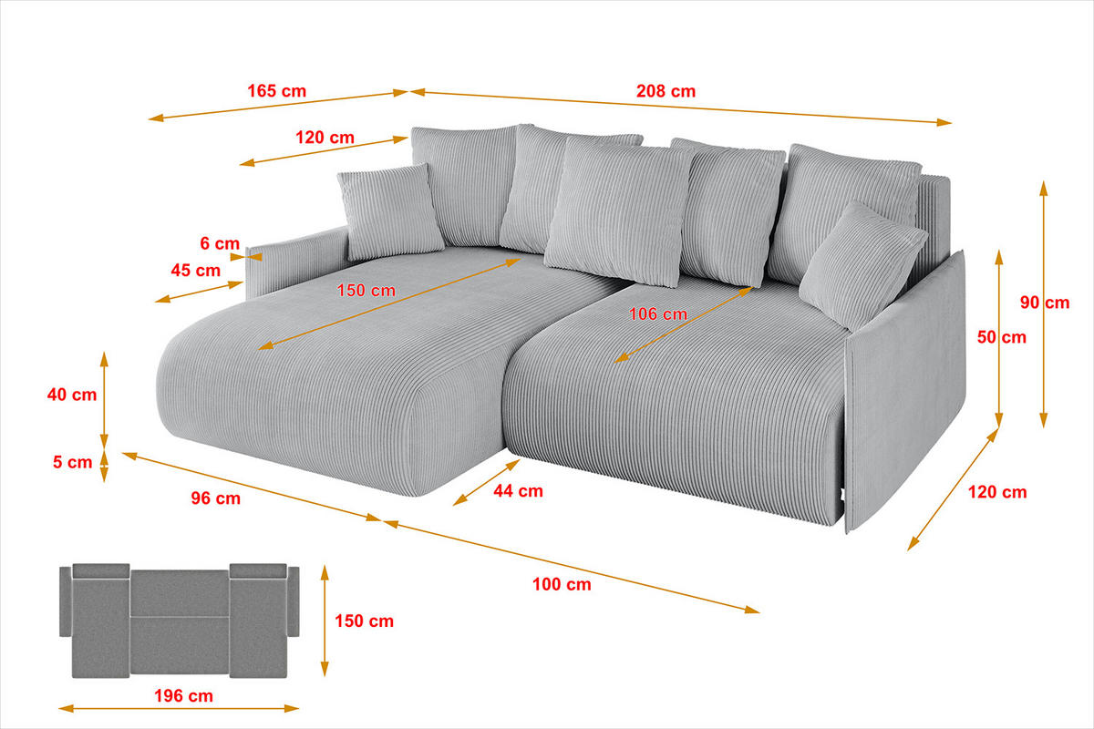 ECKSOFA mit Schlaffunktion und Bettkasten ONESK-L -v1 208x165x40 Grau Cord - Grau, Holzwerkstoff/Kunststoff (208/165cm) - ALTDECOR