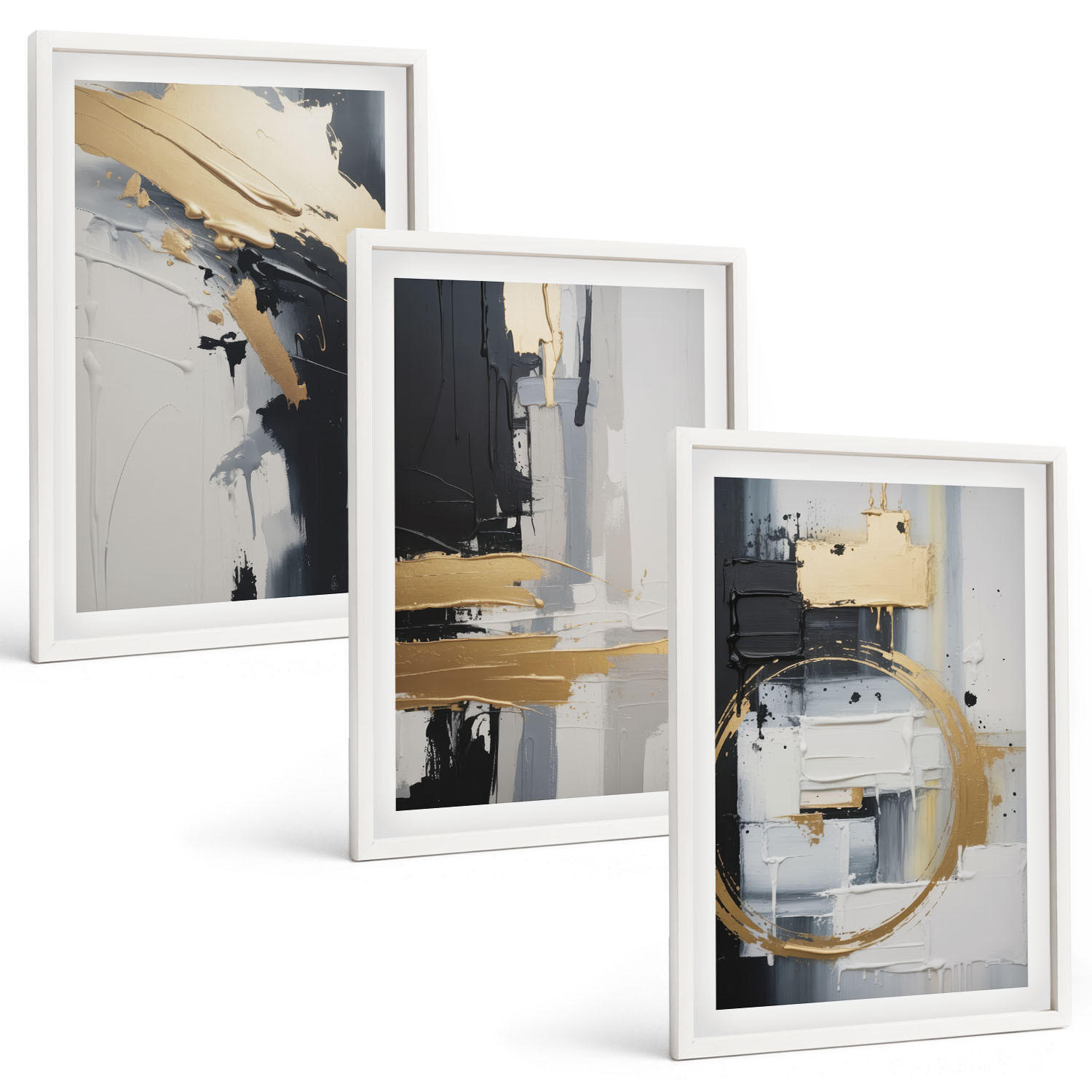 BILDER SET 3er Set - 40x60 cm Weißer Rahmen - Abstrakte Schwarz-Weiß-Malerei - Weiß, Kunststoff (40/60cm) - TULUP