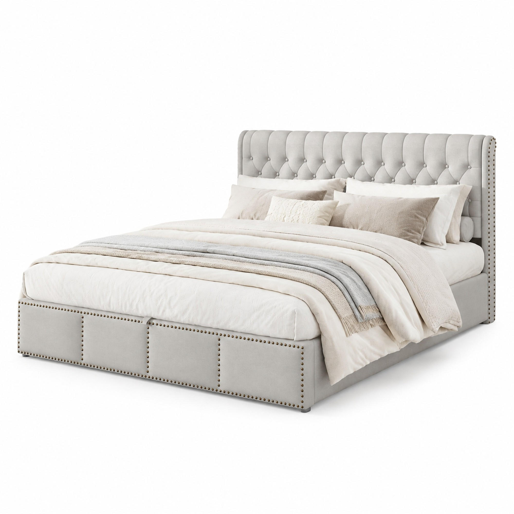 POLSTERBETT 180/200 cm in Grau Leinen mit Bettkasten und Nieten - Hellgrau, Holzwerkstoff/Textil (180/200cm) - CHICFURN