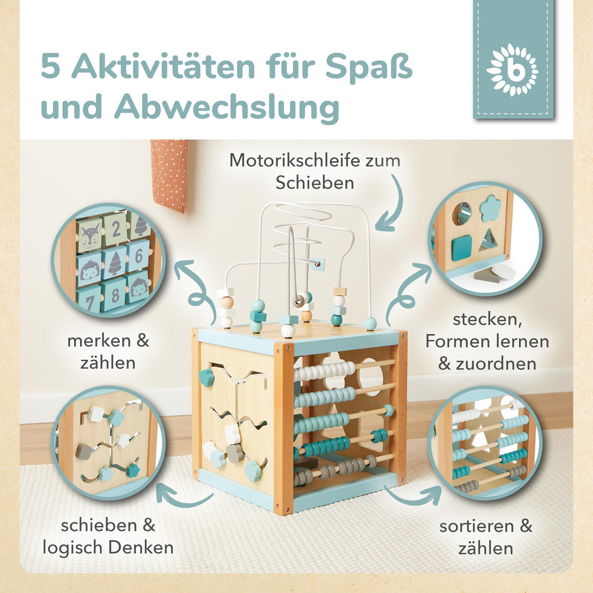 MOTORIKWÜRFEL XXL Scandi-Chic - Blau, Holz (30/30cm) - Bieco Spielwaren