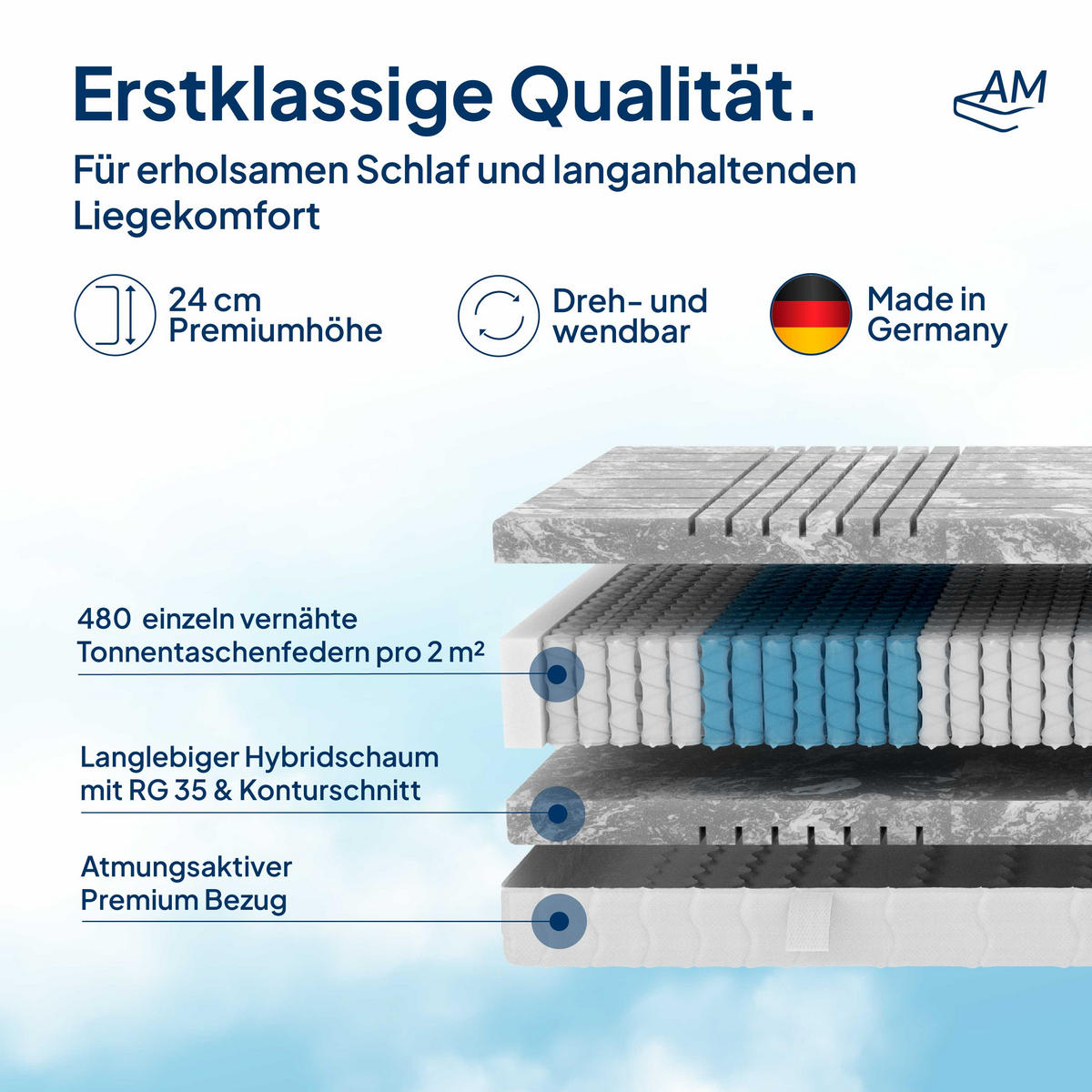 TASCHENFEDERKERNMATRATZE 3D Deluxe 140/200 cm H4 - 24cm Höhe & Tencel Bezug - Weiß, Textil (140/200cm) - AM Qualitätsmatratzen
