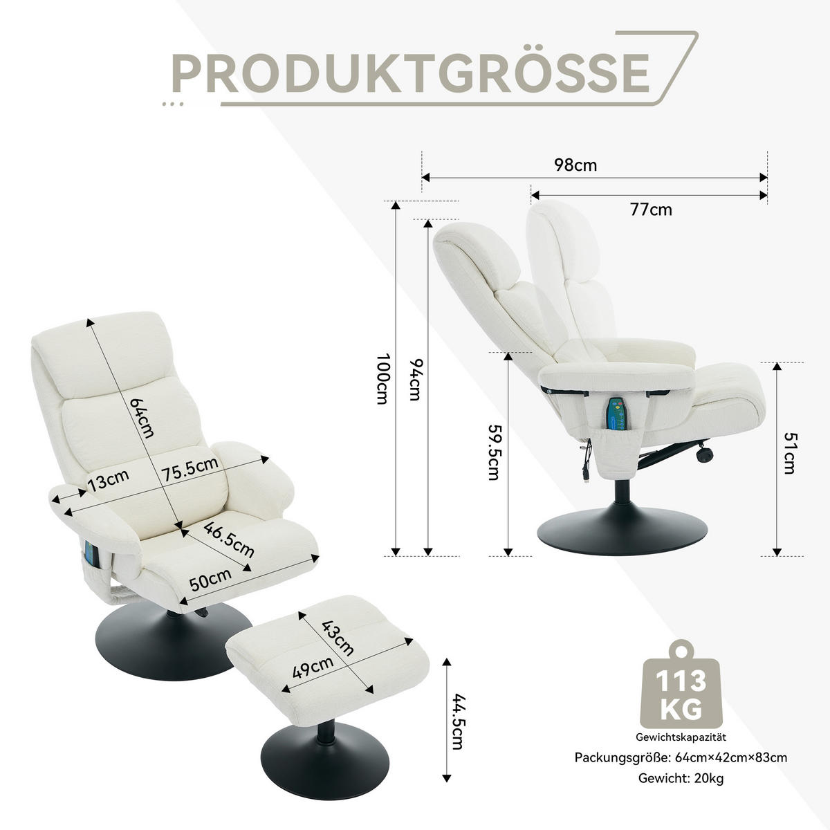 RELAXSESSEL Chenille Weiß mit Massagefunktion, Heizfunktion und Hocker - Weiß, Textil/Metall (50/94/98cm) - WISHDOR