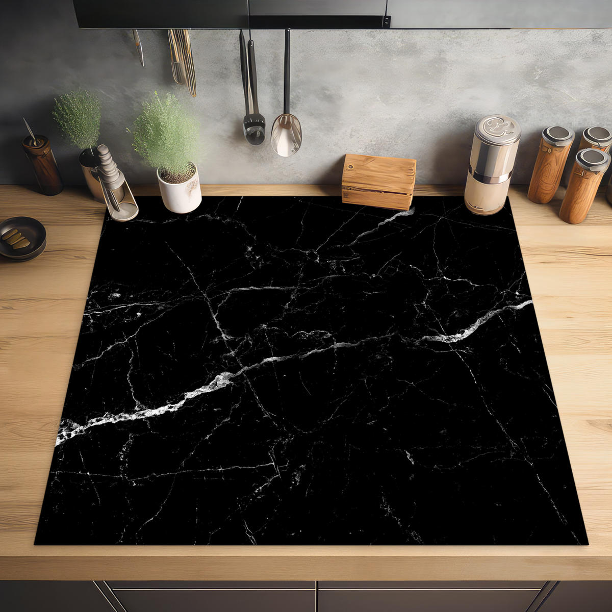 HERABDECKPLATTE - Marmoroptik - Schwarz - Luxus - 58x59 - Grau, Kunststoff (58/59/0.2cm) - MuchoWow
