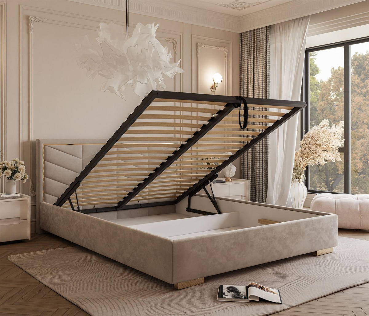 POLSTERBETT AURORA 120x200 mit Bettkasten French Velvet 687 - Beige, Textil (120/200cm) - Lookway