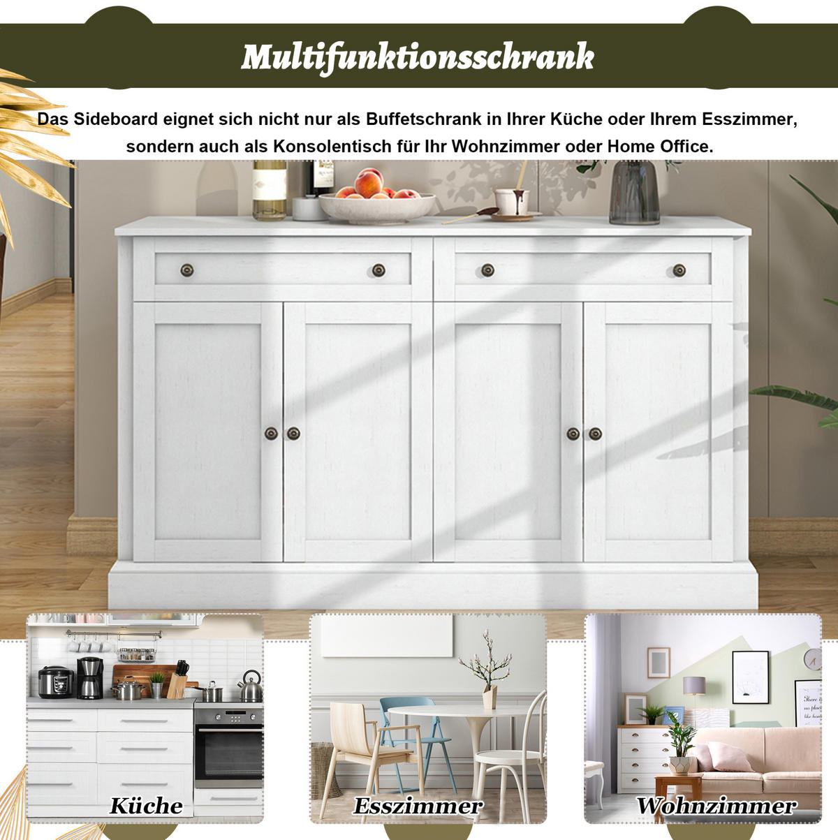 SIDEBOARD 150x40x86 cm Weiß mit 4 Türen & 2 Schubladen - Weiß, Holzwerkstoff (40/86/150cm) - Modfu