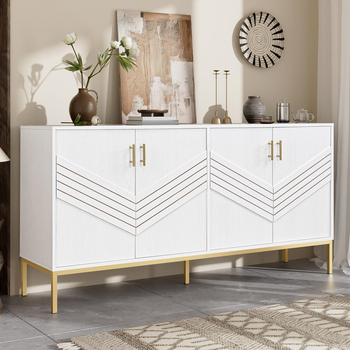 SIDEBOARD aus MDF in Weiß/Holzoptik mit 4 Türen und höhenverstellbaren Böden, 160/40/80,5 cm, Weiß/Holzoptik - Weiß, Holzwerkstoff (40/80.5/160cm) - Redom