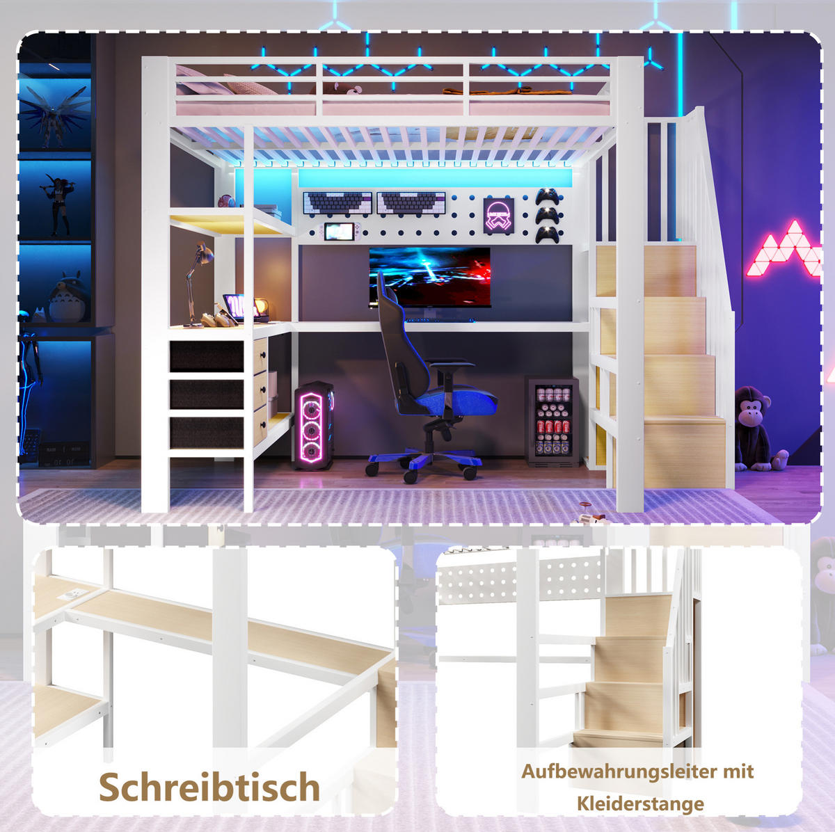 HOCHBETT 140/200 cm, Weiß mit Schubladen, Tisch, LED-Licht ohne Matratze - Weiß, Metall (140/200cm) - MIVRAY