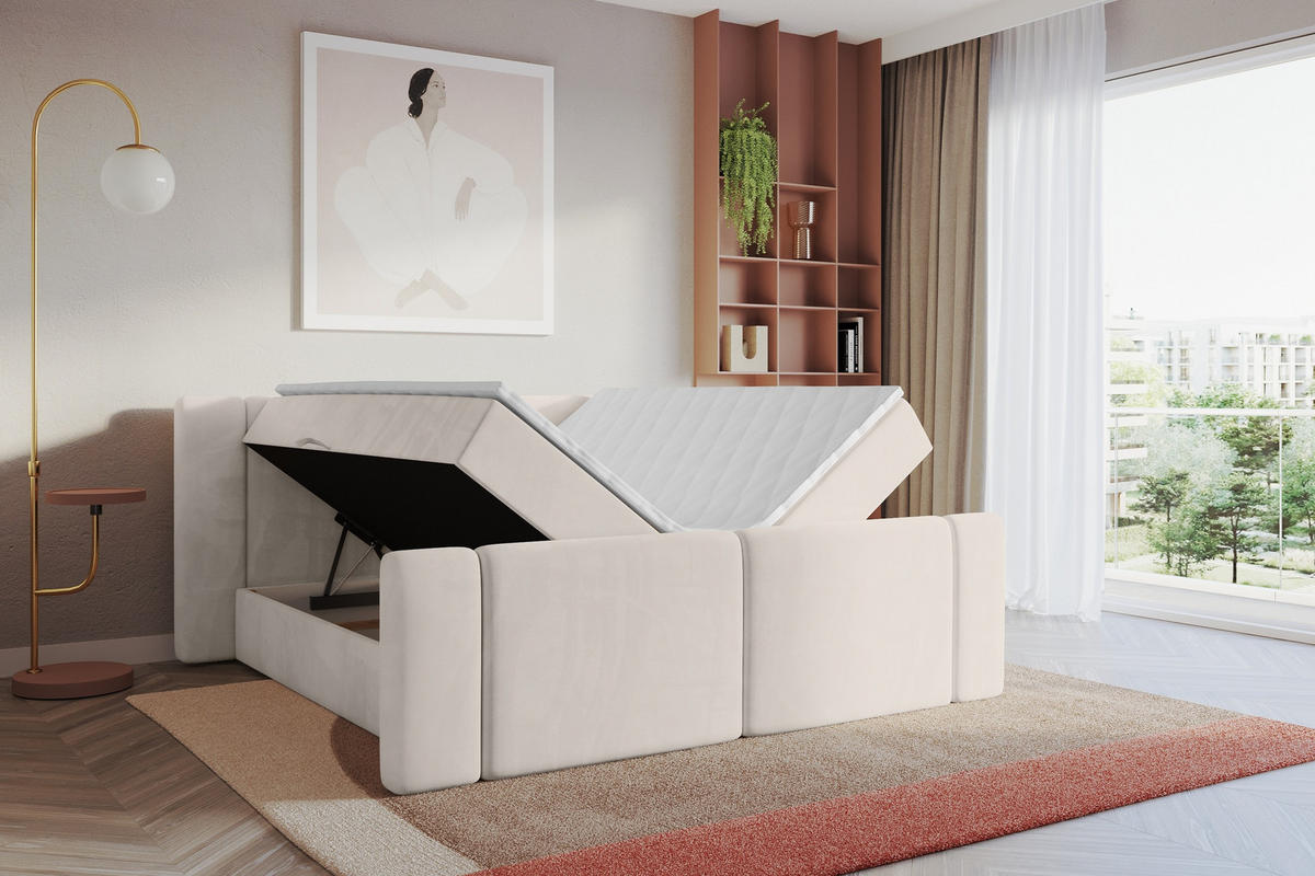 BOXBETT mit Matratze H4 - EVON Zanozek - 140x200 cm Beige - Beige, Holzwerkstoff (140/200cm) - ALTDECOR