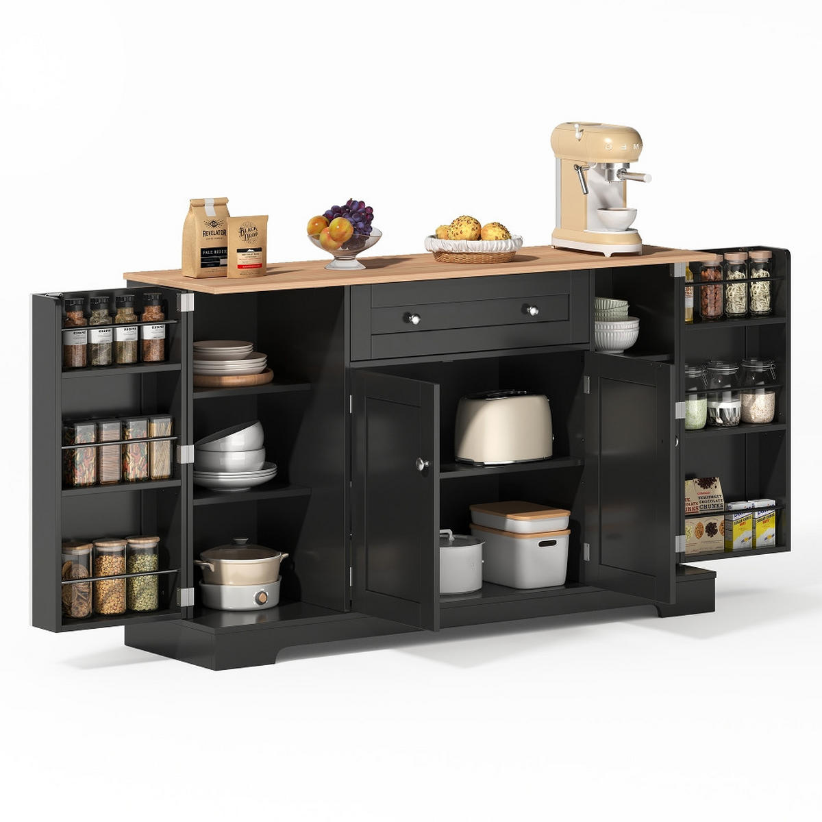 KÜCHENINSEL KÜCHENBUFFET MIT SCHUBLADE UND REGALTÜREN, Modernes Design, Kippschutz, 138 cm - Schwarz, Kunststoff (40/90/138cm) - Rolipo