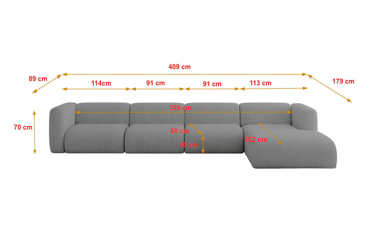 ECKSOFA Ottomane Rechts MIRA-L3 409x179x70 Grau Velours - Schieferfarben/Schwarz, Holzwerkstoff/Kunststoff (409/179cm) - ALTDECOR
