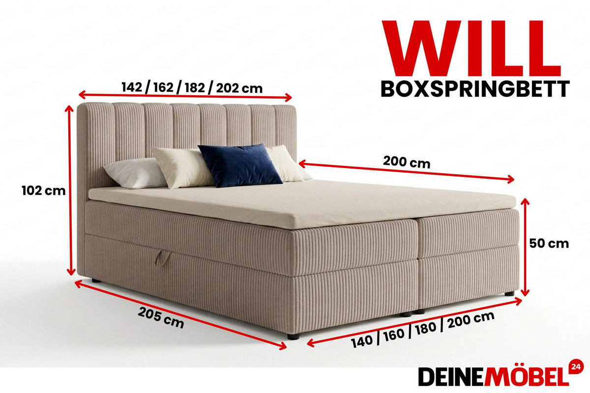 BOXBETT WILL 180/200 in Cord Beige H4 - Beige, Holz/Holzwerkstoff (180/200cm) - Deine Möbel 24