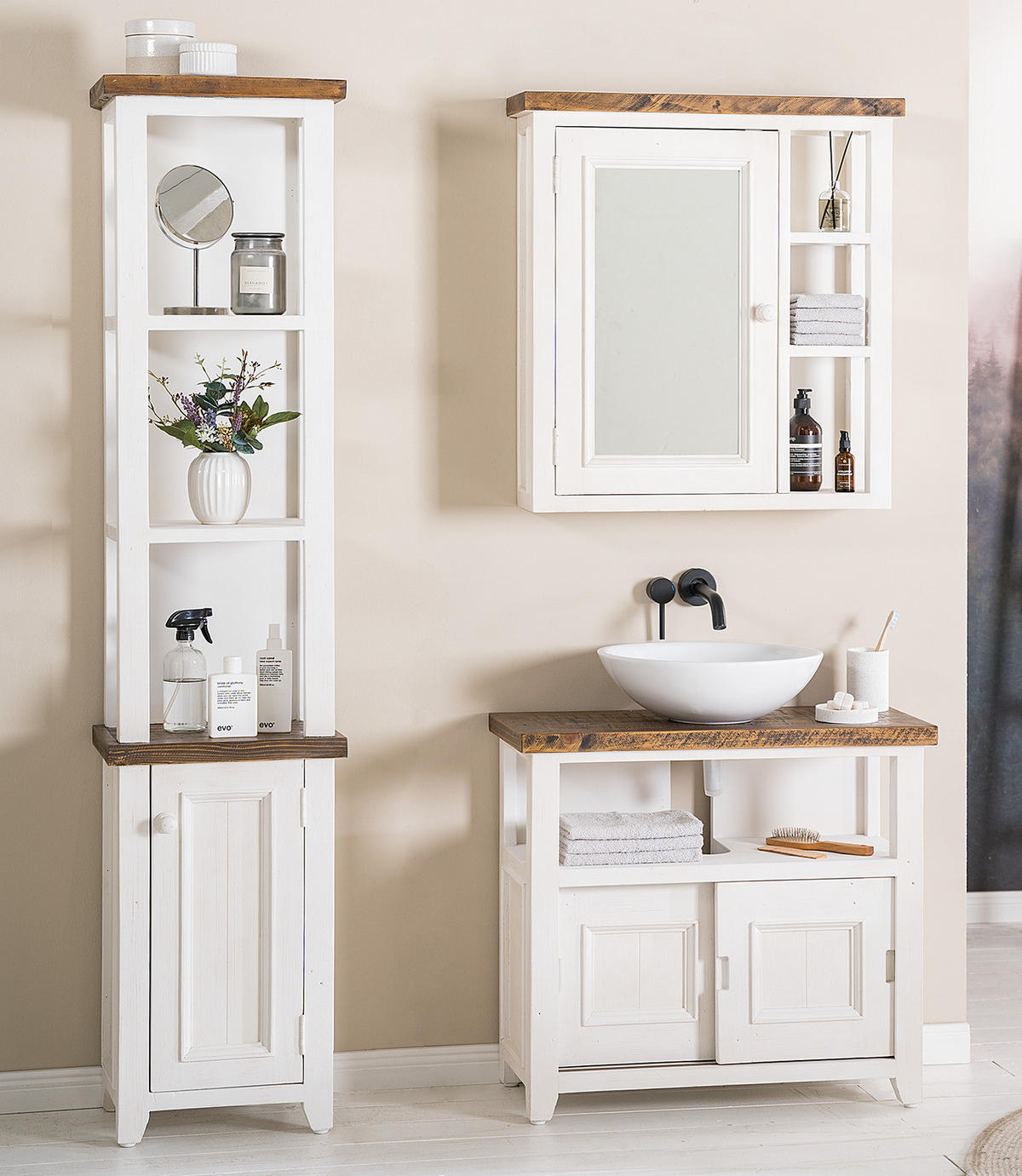 SPIEGELSCHRANK - Kiefer massiv - Weiß, Holz (70/75/20cm) - home24