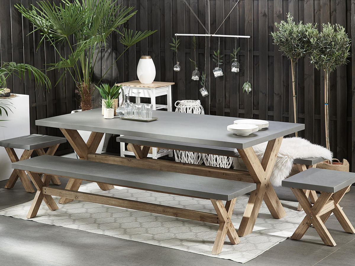 GARTENBANK Faserzement/Akazienholz grau/heller Holzfarbton 200 cm Olbia - Grau, Stein (200/45/40cm) - Beliani