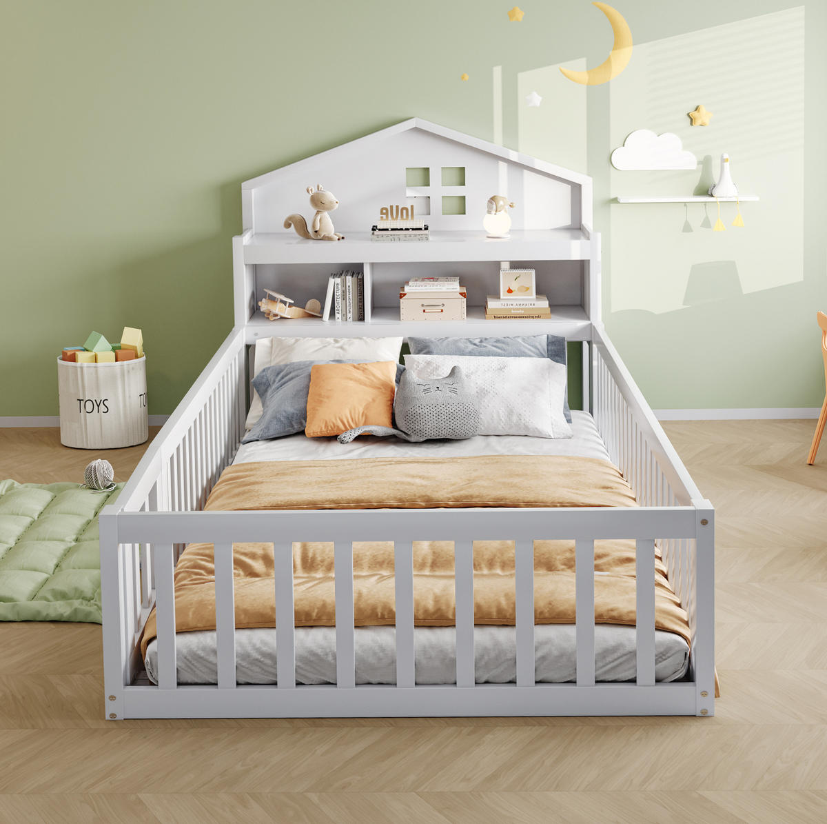 KINDERBETT aus Kiefernholz 90x200 cm Weiß mit Hausrahmen, Kreidetafel, Regal und Schutzgitter - Weiß, Holz (90/200cm) - IVMEU