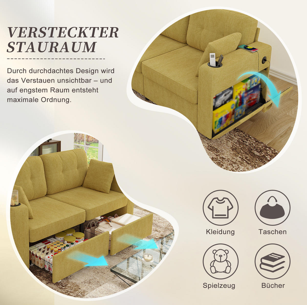 2-SITZER-SOFA aus Chenille 172x75x82 cm in Senfgelb mit USB & Stauraumschubladen - Gelb, Textil (75/82/172cm) - Modfu