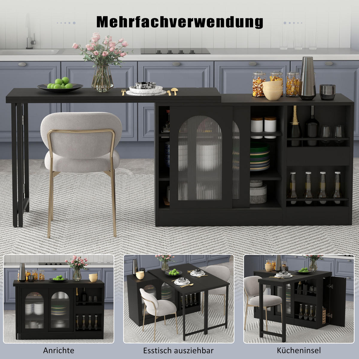 KÜCHENINSEL aus MDF 121.5x40x76.7 cm Schwarz mit 360° Drehplatte & Stauraum - Schwarz, Holzwerkstoff (121.5/76.7/40cm) - Modfu