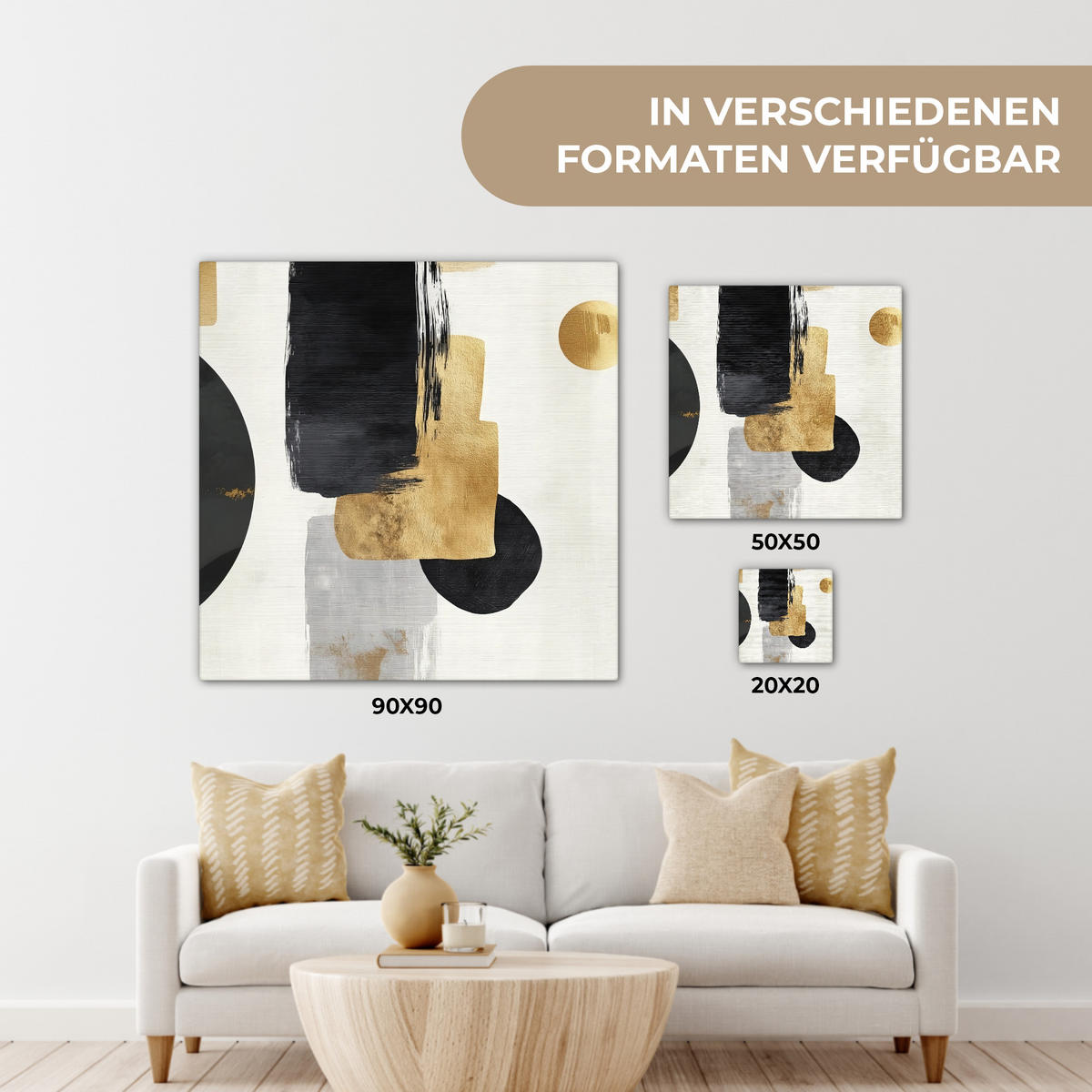 LEINWANDBILD Gold - Rechtecke - Kreise - Abstrakt Deko Wohnzimmer 20x20 cm - Weiß, Textil (20/20cm) - MuchoWow