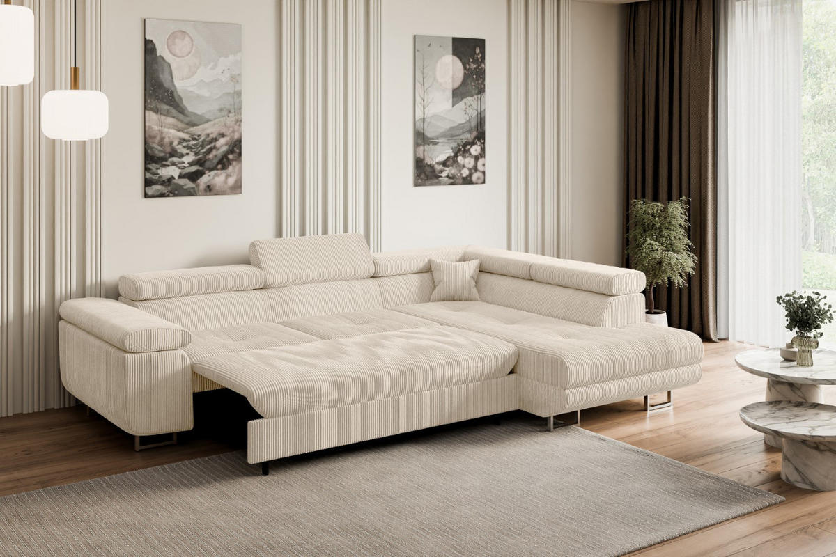 ECKSOFA mit Schlaffunktion und Bettkasten GUSA-L 272x202x107 cm Beige Cord - Beige/Silberfarben, Holzwerkstoff/Textil (272/202cm) - ALTDECOR