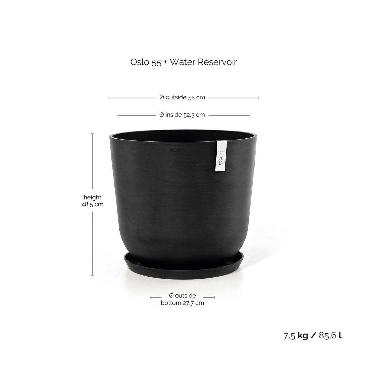 BLUMENTOPF mit Wasserreservoir Oslo 55/48,5 cm Dunkelgrau - Dunkelgrau, Kunststoff (55/48.5cm) - Ecopots