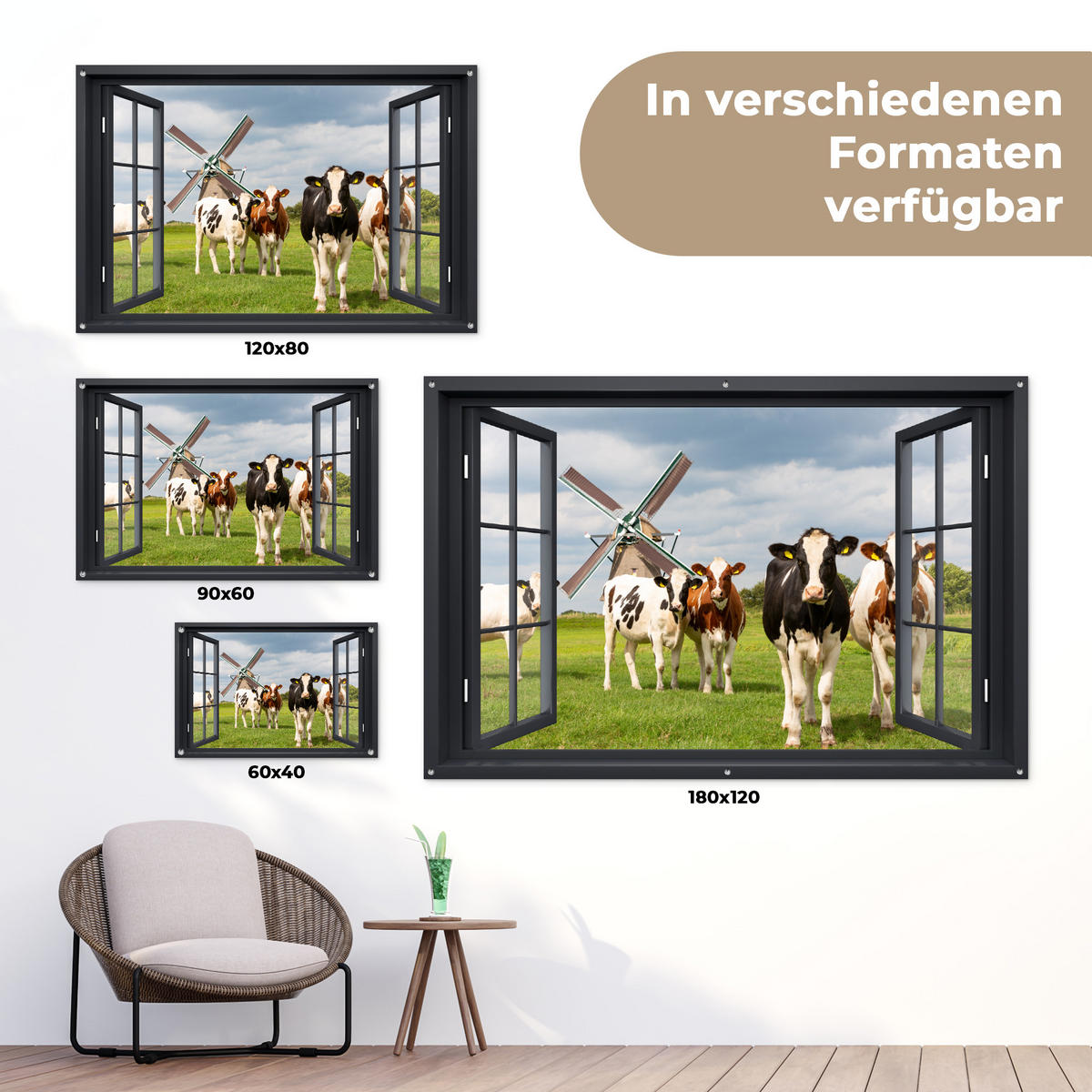 ZAHRADNÍ PLAKÁT Pohled - Kráva - Mlýn - Krávy - Louka - Tráva - Zelená 180x120 cm - antracitová, plast (180/120/0.2cm) - OnlyWow