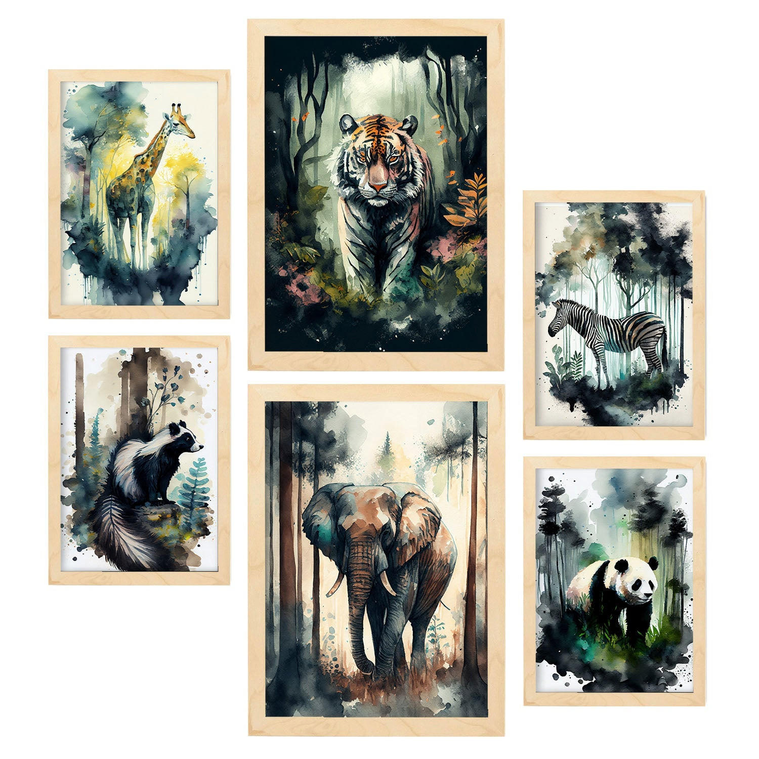 POSTER Set Mit 6 Wilde Welt Illustrationen Von Tieren In Naturlandschaften, Realistischer Aquarellstil Innenarchitektur A3 & A4 Rahmen Aus Hellem Holz - Beige, Papier (29/3cm) - Nacnic