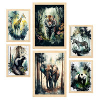 POSTER Set Mit 6 Wilde Welt Illustrationen Von Tieren In Naturlandschaften, Realistischer Aquarellstil Innenarchitektur A3 & A4 Rahmen Aus Hellem Holz - Beige, Papier (29/3cm) - Nacnic