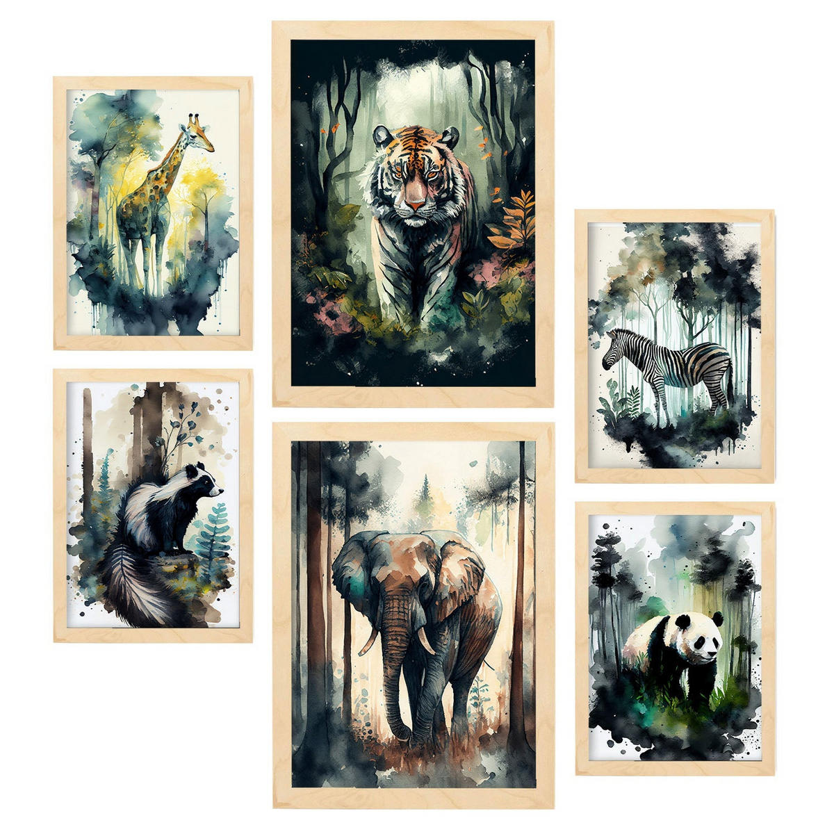 POSTER Set Mit 6 Wilde Welt Illustrationen Von Tieren In Naturlandschaften, Realistischer Aquarellstil Innenarchitektur A3 & A4 Rahmen Aus Hellem Holz - Beige, Papier (29/3cm) - Nacnic