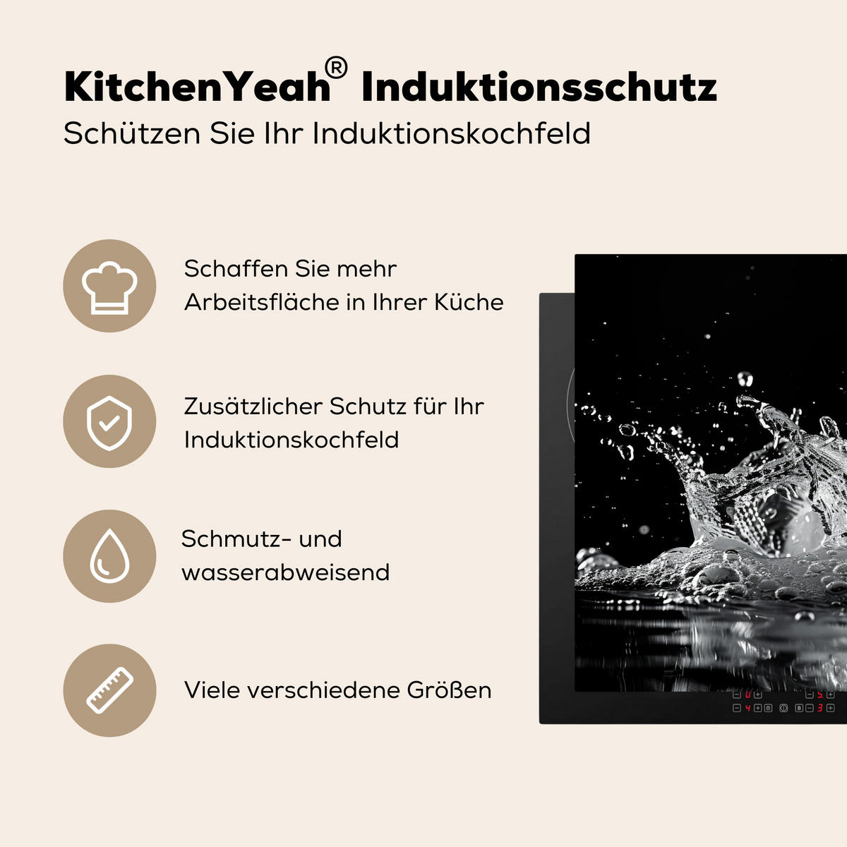 HERDABDECKPLATTE Wasser - Spritzwasser - Schwarz Herdabdeckung Induktionsfeld 75x52 cm - Schwarz, Kunststoff (75/52/0.2cm) - MuchoWow