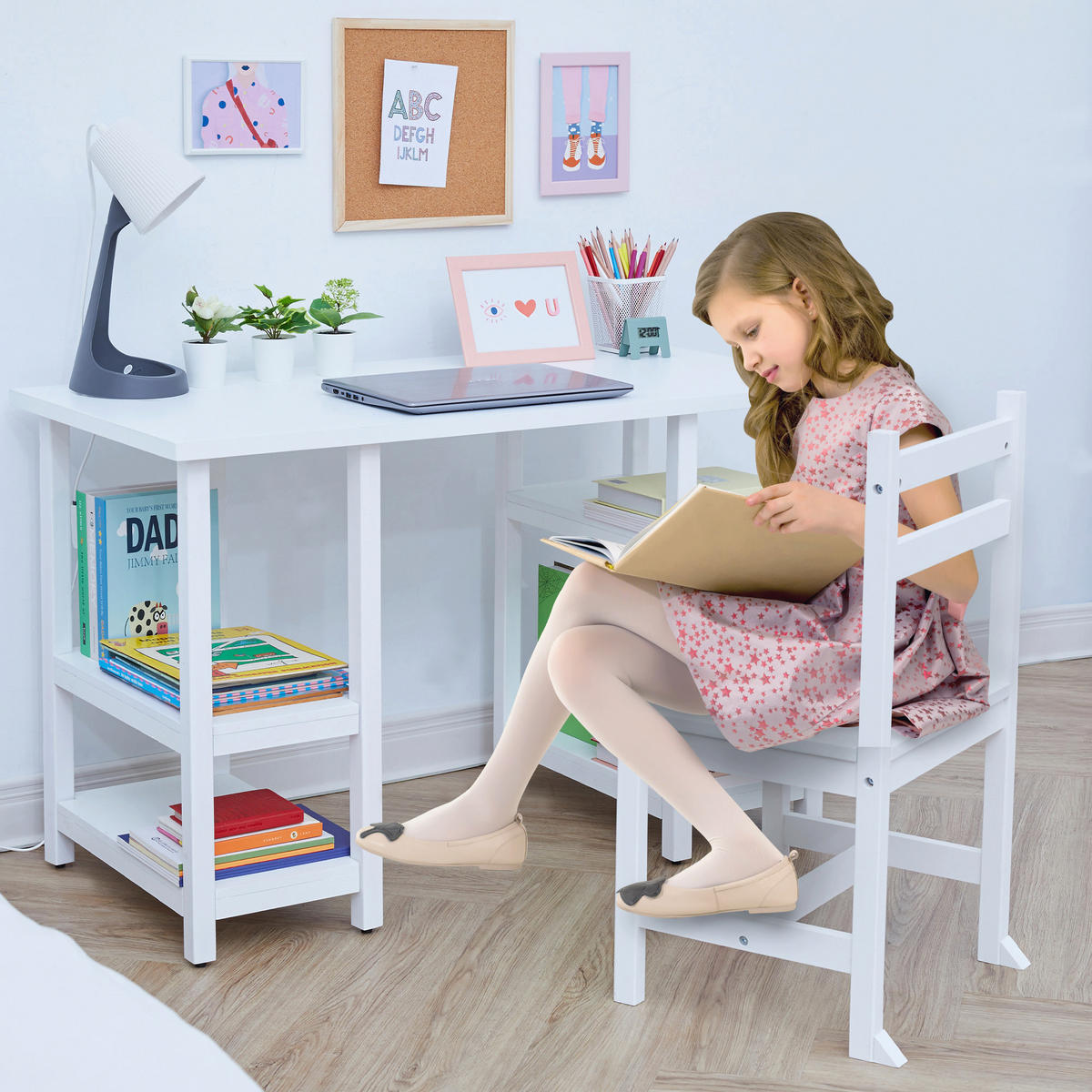 KINDERSCHREIBTISCH & Stuhl, Weiß, 65cm - Weiß, Holz (44.5/64.8/101.6cm) - Teamson Kids