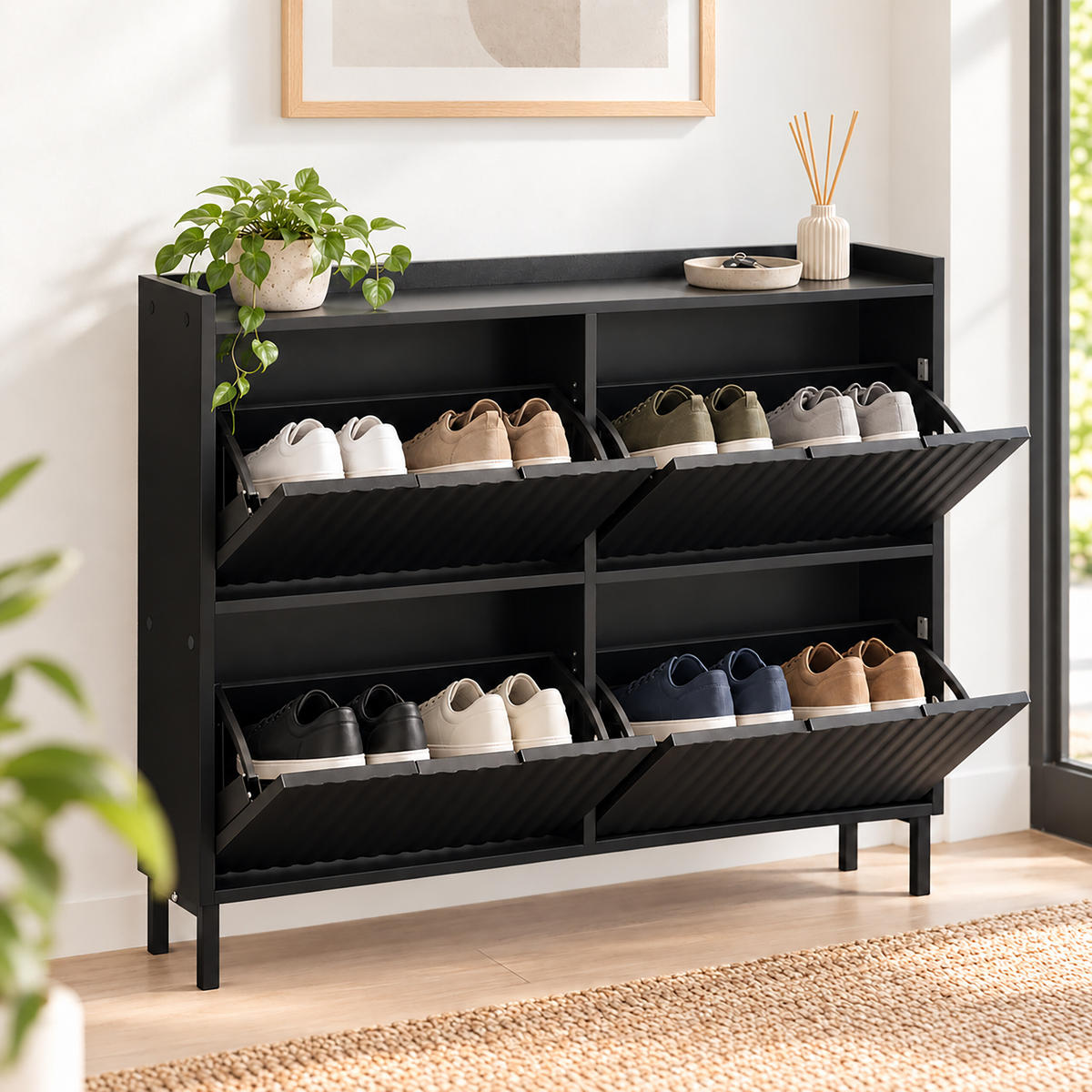 SCHUHKIPPER Schwarz geriffelt 4 Fächer 90x100x19 cm - Schwarz, Holzwerkstoff/Metall (100/90/19cm) - Relaxdays