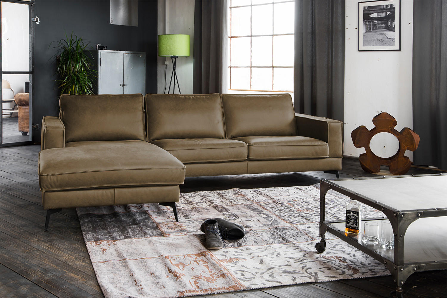 ECKSOFA BLOOM Beige Leder - Beige/Schwarz, Leder/Metall (276/177cm) - KAWOLA