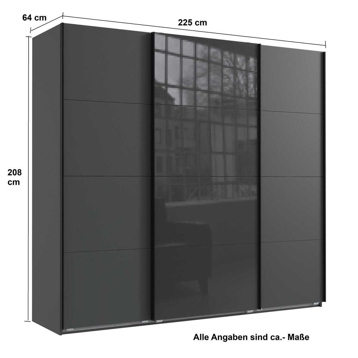 SCHWEBETÜRENSCHRANK 3-türig in Grafit, eine Tür mit Glasfront Grau, B225/H208/T64 cm / 22523 - Edelstahlfarben/Graphitfarben, Holzwerkstoff/Metall (225/208/64cm) - luma-home