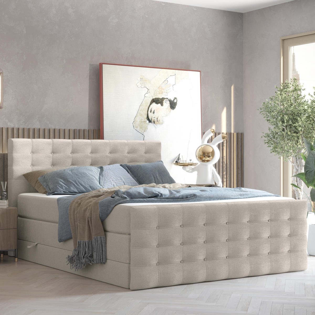 BOXSPRINGBETT Blend Beige 180/200 cm mit Matratze - Beige/Schwarz, Holz/Holzwerkstoff (180/200cm) - Maison de Reve