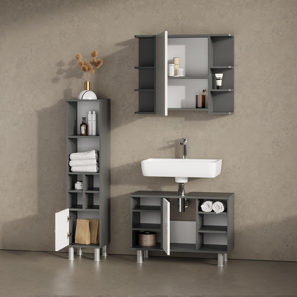 MIDISCHRANK Fucino Weiß Hochglanz 30 x 130.6 cm kleine Tür - Weiß Hochglanz/Anthrazit, Holzwerkstoff (30/130.6/30cm) - Livinity®