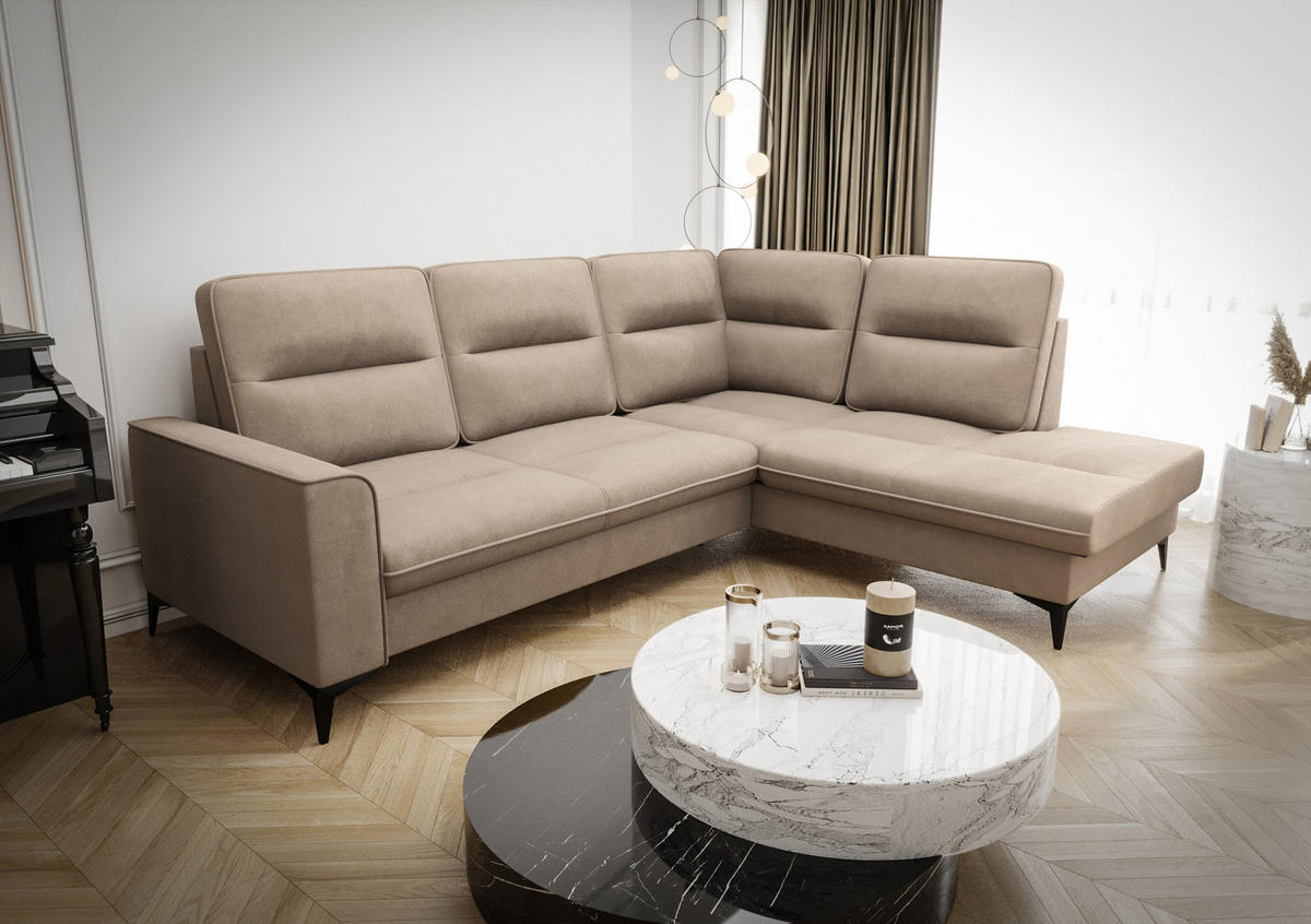 ECKSOFA KONGO RBN14, Eckcouch in L-Form mit Schlaffunktion, Farbe: Beige, Velourstoff, Ottomane Rechts - Beige, Textil (260/200cm) - O-Sofa