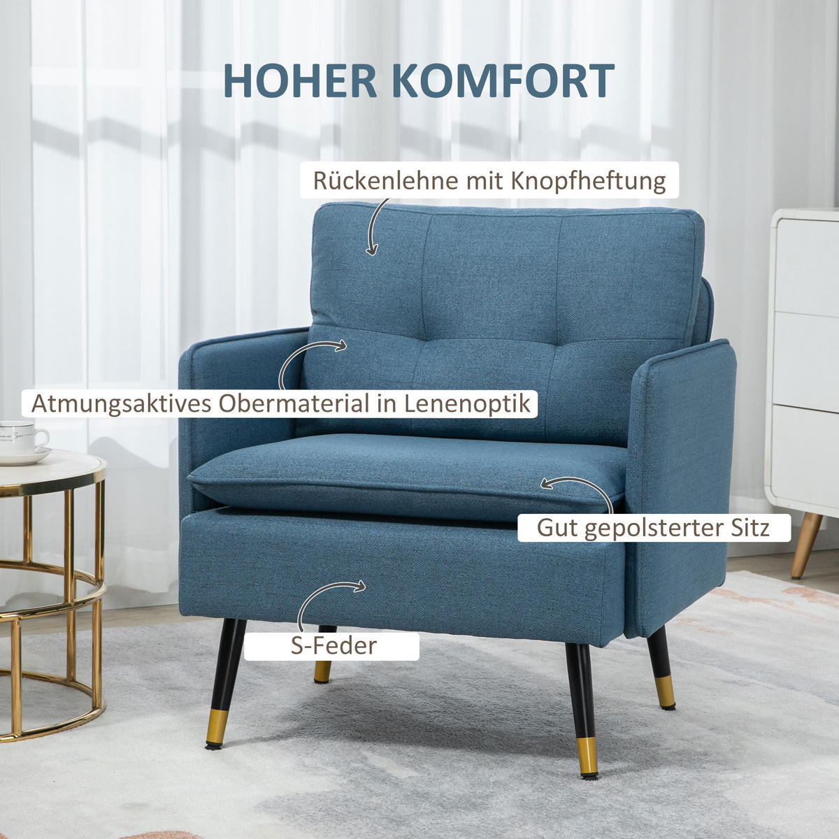 EINZELSESSEL Polstersessel Akzentstuhl mit Leinenoptik, Kissen, bis 120 kg Blau - Blau/Schwarz, Textil/Metall (68/80/76cm) - HOMCOM