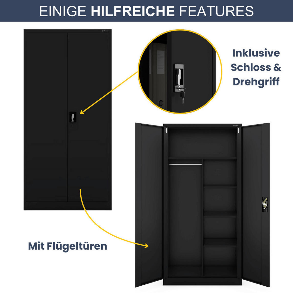 MEHRZWECKSCHRANK Metall abschließbar REKL 185x90x45cm Schwarz - Schwarz, Metall (90/185/45cm) - DELUKE