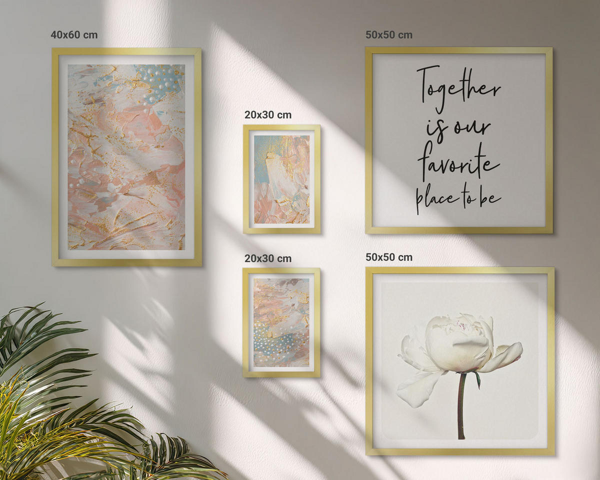 BILDER SET 5er Set - 50x50 cm & 20x30 cm & 40x60 cm Goldrahmen - Abstrakte Pastellmuster - Goldfarben, Kunststoff (40/60cm) - TULUP