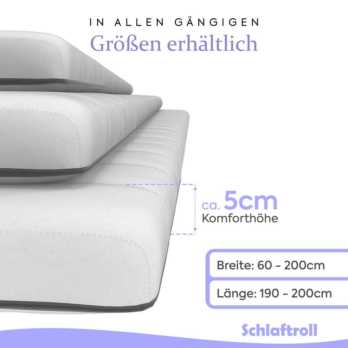 KALTSCHAUM-TOPPER 90x200 H3- Ergonomisch - 5 cm hoch - Weiß, Textil (90/200cm) - Schlaftroll