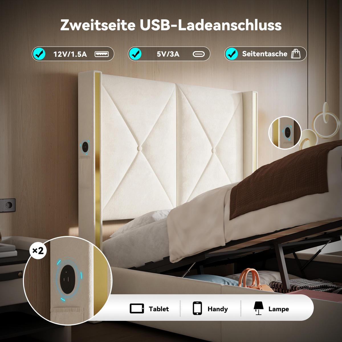 POLSTERBETT 90/200 cm in Beige mit Bettkasten, LED, USB und Type-C Samt - Beige, Holzwerkstoff/Textil (90/200cm) - STILVORA