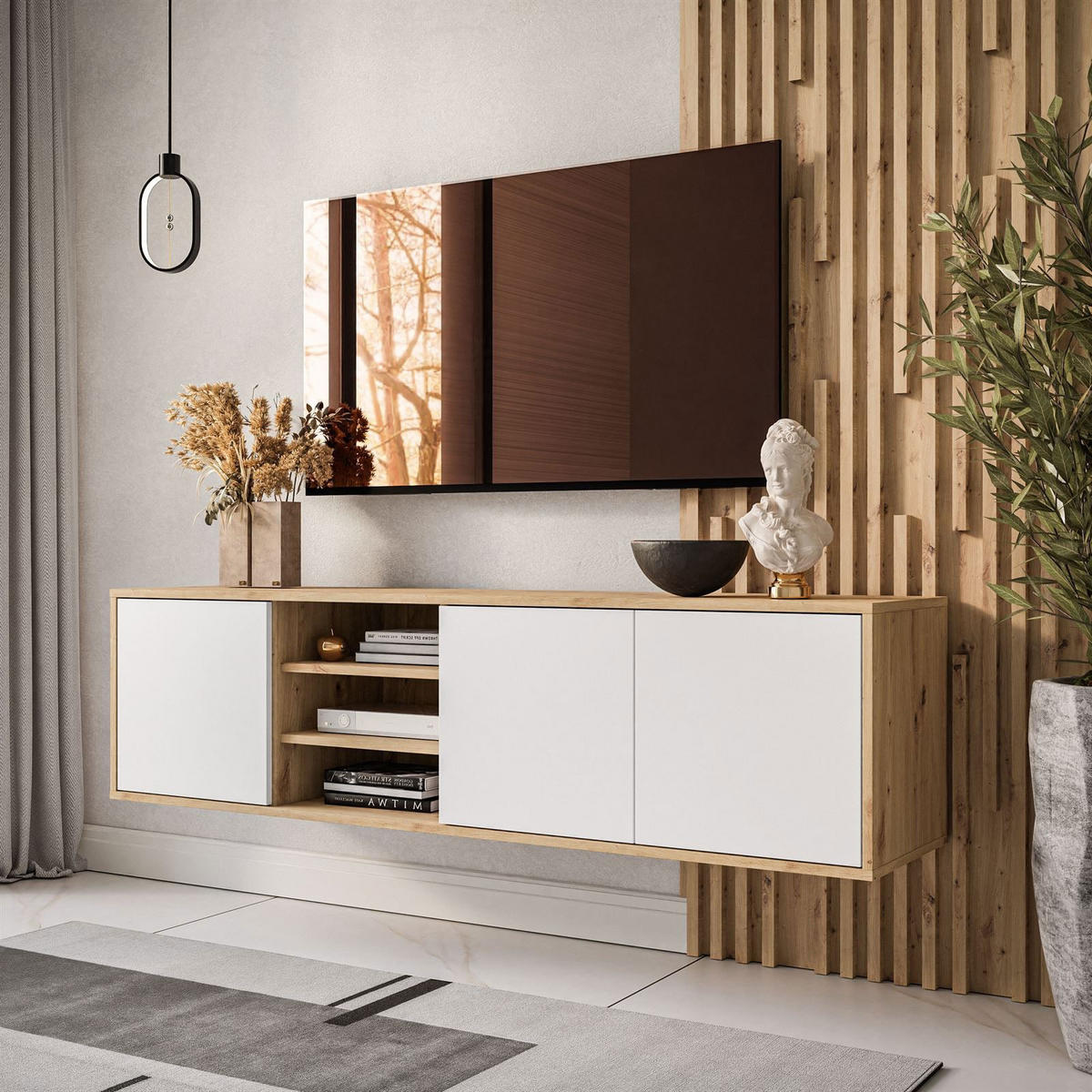 TV-ELEMENT SANAYI Hängend mit Regalen Eiche Artisan/Weiß - Weiß, Holzwerkstoff (156/41/38cm) - Lookway
