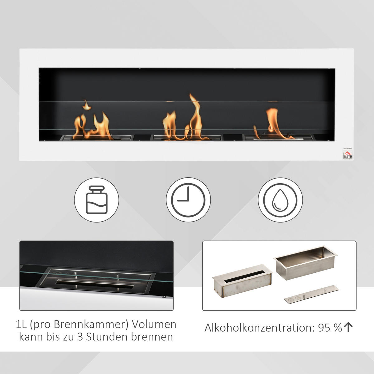 ETHANOL-KAMIN, 3 Brennboxenm, 2000W, kein Rauch, Stahl, gehärtetes Glas, Weiß - Weiß, Metall (15/40/120cm) - HOMCOM